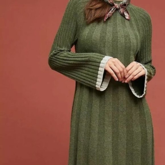 Anthropologie | Green Ribbed Bell Sleeve Mini Sweater Dress Wool & Alpaca Blend - Picture 2 of 12